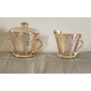 Vintage Jeanette Glass Co FloraGold Louisa Sugar/creamer Orange Iridescent Glass